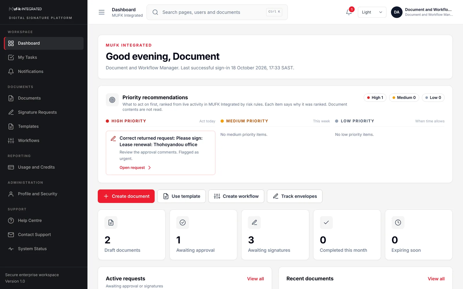 The Document and Workflow Manager dashboard in MufK, showing priority recommendations, quick actions and live counts of drafts, approvals and signatures.